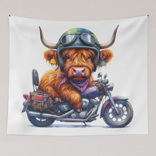 Item preview, Cool Scottish Highland Cow on a Motorbike Colorful Watercolor designed and sold by MaedK.