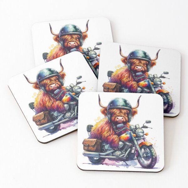 Item preview, Cool Scottish Highland Cow on a Motorbike Colorful Watercolor designed and sold by MaedK.
