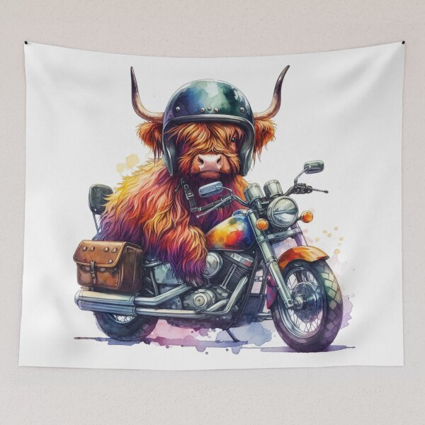 Item preview, Cool Scottish Highland Cow on a Motorbike Colorful Watercolor designed and sold by MaedK.