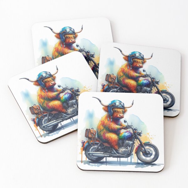 Item preview, Cool Scottish Highland Cow on a Motorbike Colorful Watercolor designed and sold by MaedK.