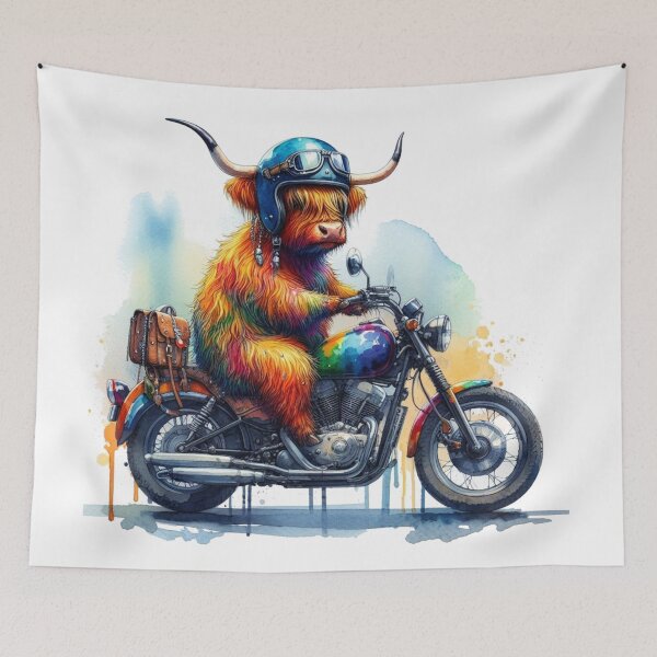 Item preview, Cool Scottish Highland Cow on a Motorbike Colorful Watercolor designed and sold by MaedK.