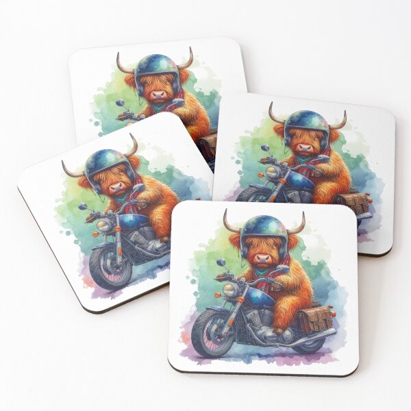 Item preview, Cool Scottish Highland Cow on a Motorbike Colorful Watercolor designed and sold by MaedK.