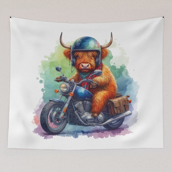 Item preview, Cool Scottish Highland Cow on a Motorbike Colorful Watercolor designed and sold by MaedK.