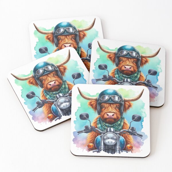 Item preview, Cool Scottish Highland Cow on a Motorbike Colorful Watercolor designed and sold by MaedK.