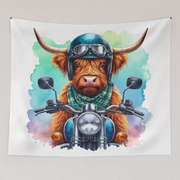 Item preview, Cool Scottish Highland Cow on a Motorbike Colorful Watercolor designed and sold by MaedK.