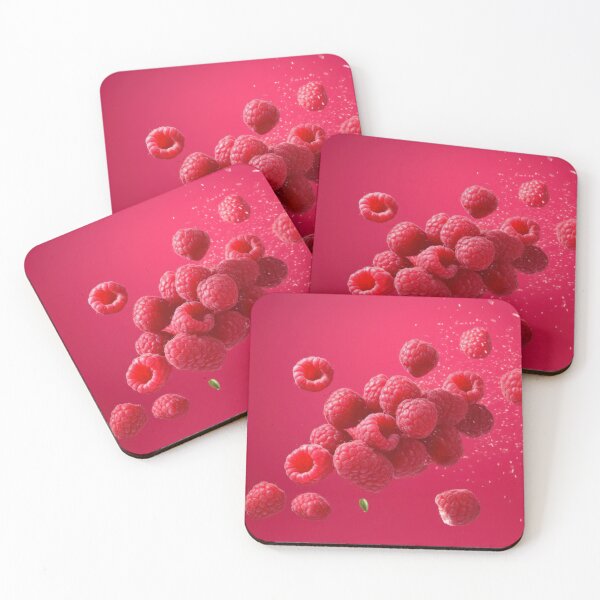 Item preview, A cluster of fresh raspberries is captured mid-air against a vibrant pink background designed and sold by anytka.