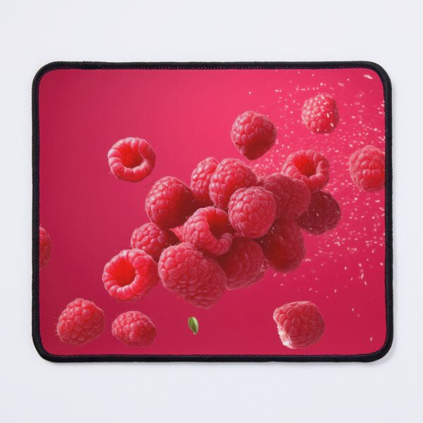 Item preview, A cluster of fresh raspberries is captured mid-air against a vibrant pink background designed and sold by anytka.