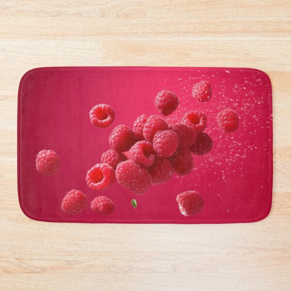 Item preview, A cluster of fresh raspberries is captured mid-air against a vibrant pink background designed and sold by anytka.