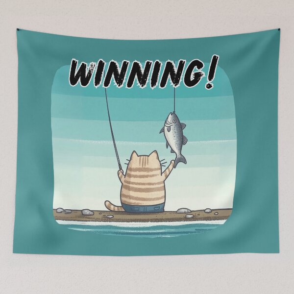 Item preview, WINNING FISHING CAT FISH SUCCESS WATERCOLOR designed and sold by NikoDeeko.
