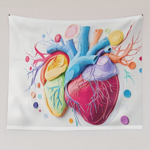 Item preview, Colorful heart mural showcasing anatomical details in a modern art style in a bright gallery setting designed and sold by anytka.