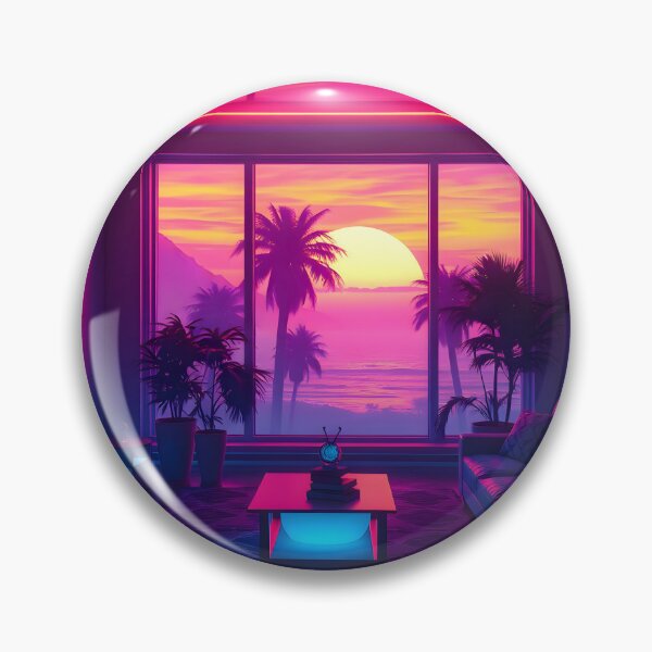 Item preview, Futuristic neon room with tropical sunset view and vibrant lighting designed and sold by SynthstarShop.