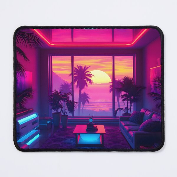 Item preview, Futuristic neon room with tropical sunset view and vibrant lighting designed and sold by SynthstarShop.