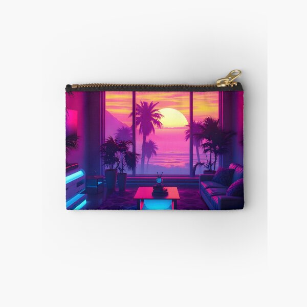 Item preview, Futuristic neon room with tropical sunset view and vibrant lighting designed and sold by SynthstarShop.