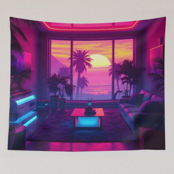 Item preview, Futuristic neon room with tropical sunset view and vibrant lighting designed and sold by SynthstarShop.