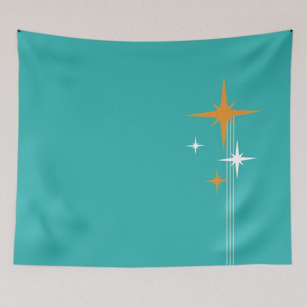 Artikelvorschau, 1950er Jahre Atomzeitalter Retro Starbursts in Türkis Blaugrün Orange Aqua Weiß entworfen und verkauft von kierkegaard.
