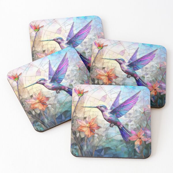 Item preview, Hummingbird and wildflowers in stained glass effect, BRIGHT Pastel boho floral,  vibrant wildflower garden, watercolor rainbow coloured botanicals  designed and sold by navitalidesign.