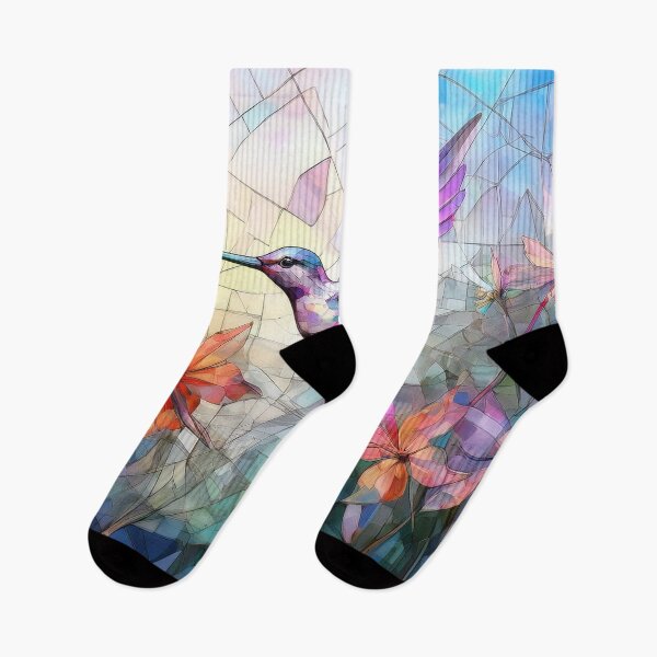Item preview, Hummingbird and wildflowers in stained glass effect, BRIGHT Pastel boho floral,  vibrant wildflower garden, watercolor rainbow coloured botanicals  designed and sold by navitalidesign.