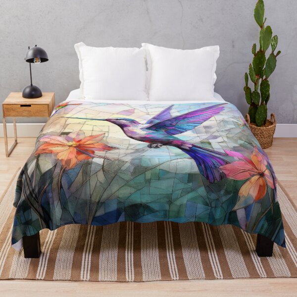 Item preview, Hummingbird and wildflowers in stained glass effect, BRIGHT Pastel boho floral, vibrant wildflower garden, watercolor rainbow coloured botanicals designed and sold by navitalidesign.