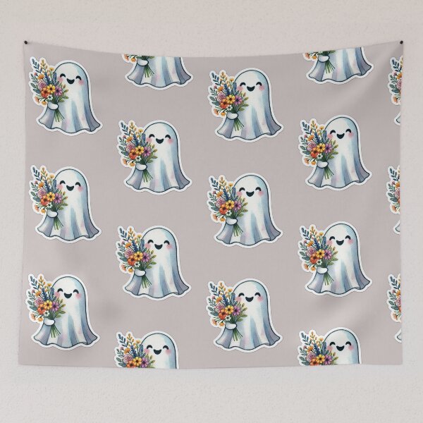 Item preview, Smiling Ghost With the Bouquet of Flowers Watercolor Style designed and sold by ToxiCool.
