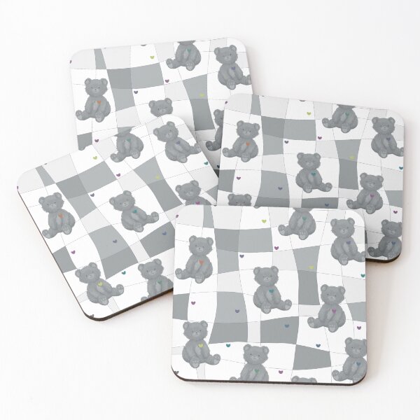 Item preview, Gray teddy bear pattern, colorful hearts, square background designed and sold by BellaRoxiell.