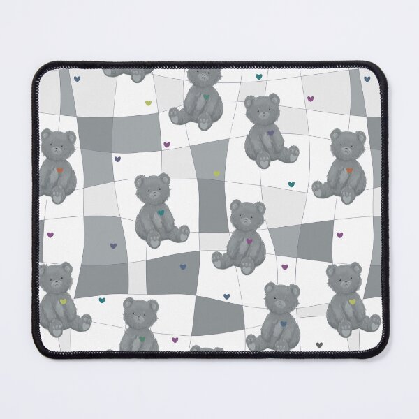Item preview, Gray teddy bear pattern, colorful hearts, square background designed and sold by BellaRoxiell.