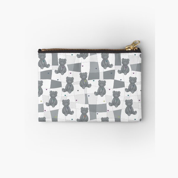 Item preview, Gray teddy bear pattern, colorful hearts, square background designed and sold by BellaRoxiell.