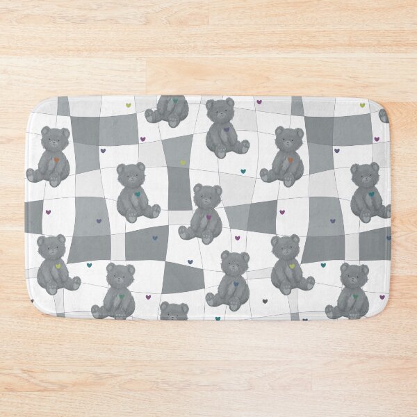 Item preview, Gray teddy bear pattern, colorful hearts, square background designed and sold by BellaRoxiell.