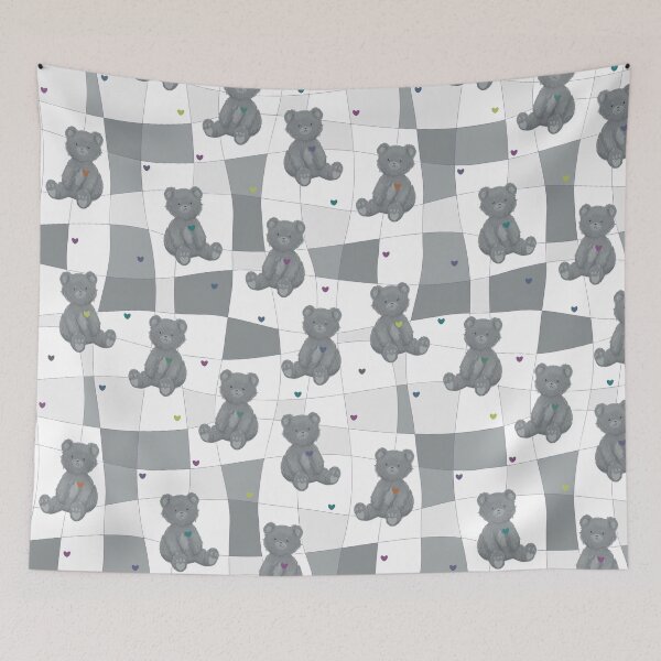 Item preview, Gray teddy bear pattern, colorful hearts, square background designed and sold by BellaRoxiell.