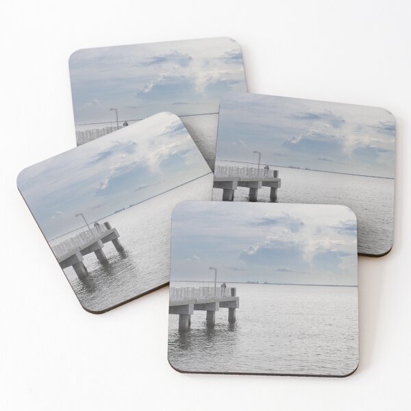 Item preview, Gulf Fishing Pier at Fort Desoto stretching out into the calm waters of Tampa Bay beneath a dramatic blue and cloudy sky designed and sold by EyezWatchin.