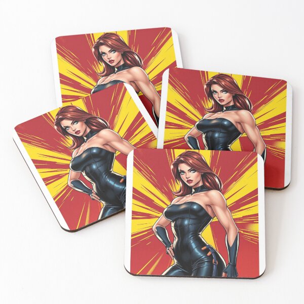 Item preview, Fierce Red-Haired Heroine in Black Catsuit – Comic-Inspired designed and sold by Ink And Inspire.
