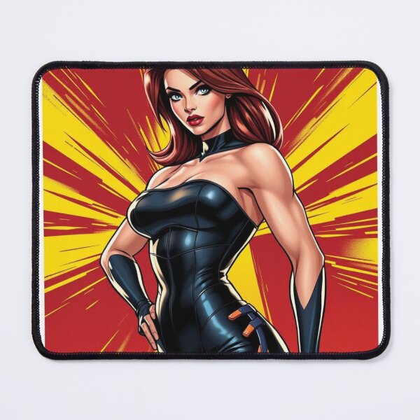 Item preview, Fierce Red-Haired Heroine in Black Catsuit – Comic-Inspired designed and sold by Ink And Inspire.