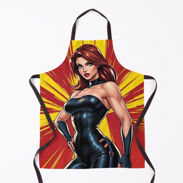 Item preview, Fierce Red-Haired Heroine in Black Catsuit – Comic-Inspired designed and sold by Ink And Inspire.