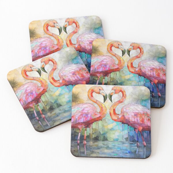 Item preview, PINK FLAMINGOS in wildflowers, stained glass effect, tropical, muted Pastel boho floral,  vibrant wildflower garden, watercolor rainbow coloured botanicals  designed and sold by navitalidesign.