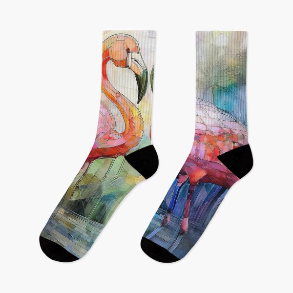 Item preview, PINK FLAMINGOS in wildflowers, stained glass effect, tropical, muted Pastel boho floral,  vibrant wildflower garden, watercolor rainbow coloured botanicals  designed and sold by navitalidesign.
