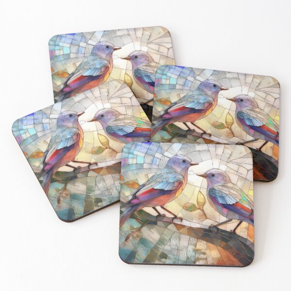 Item preview, BIRD on branch, wildflowers in stained glass effect, muted Pastel boho floral,  vibrant wildflower garden, watercolor rainbow coloured botanicals  designed and sold by navitalidesign.