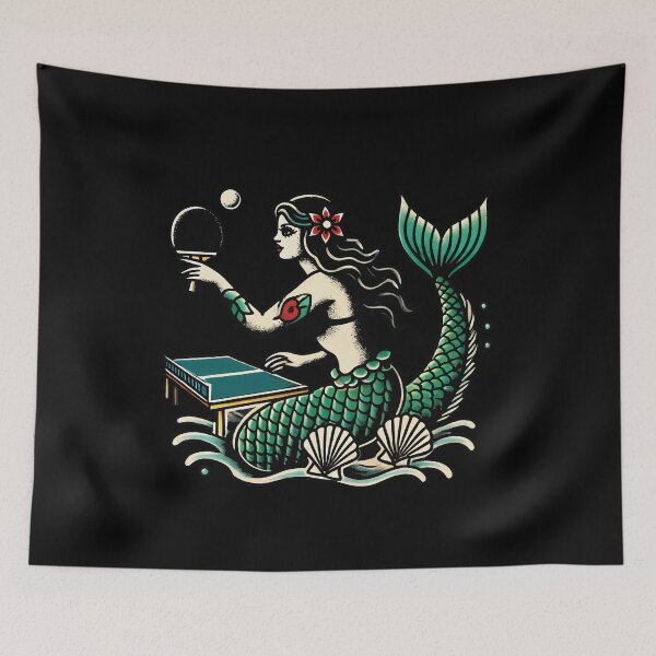 Item preview, Retro Table Tennis Tattoo Style Mermaid Design designed and sold by LuminOrb.