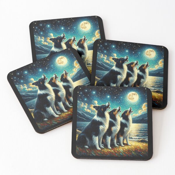 Item preview, Noche estrellada Tres Border Collies aullando a la luna Amante de los perros designed and sold by Kimberley King Art  King Art.
