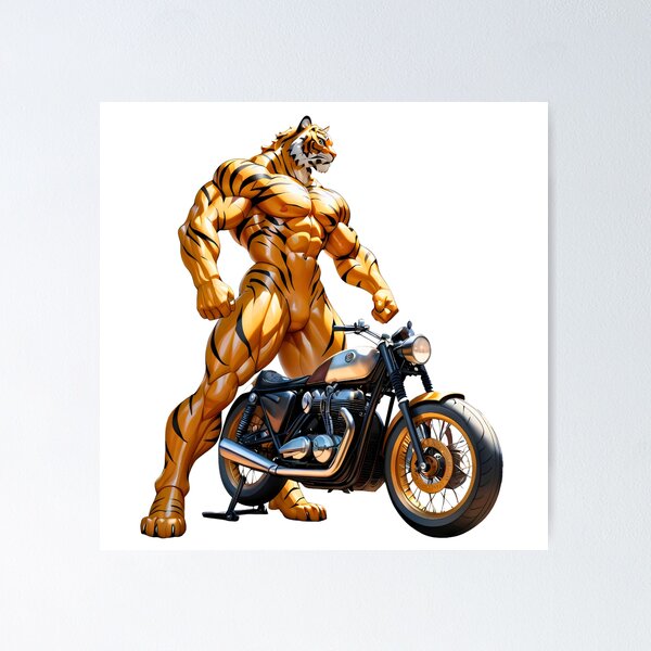 Item preview, Huge Muscular Tiger Posing Behind Retro Bike designed and sold by RvinJo8.