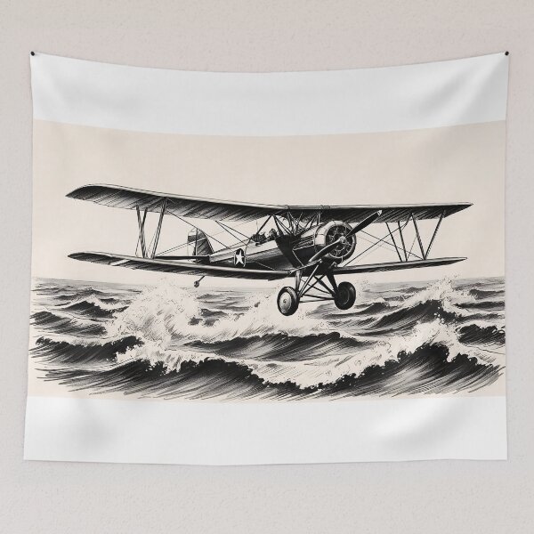 Item preview, Old Propeller Biplane Flying Over the Sea - Vintage Aviation Art designed and sold by EMairplanes.