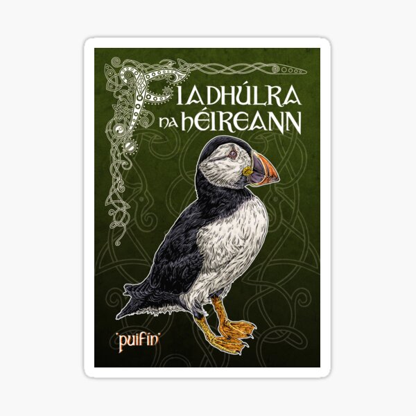 Artikel-Vorschau von Illustrierte Poster zur Tierwelt Irlands in Gaeilge – Papageientaucher. „Fiadhúlra na hEireann“, designt und verkauft von JohnRooneyArt.