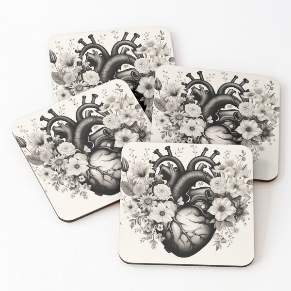 Item preview, Anatomical Floral Heart Artwork. Valentines day card. Anatomical heart with flowers. Black and white ink illustration designed and sold by anytka.