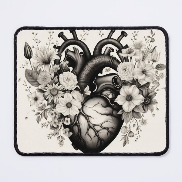 Item preview, Anatomical Floral Heart Artwork. Valentines day card. Anatomical heart with flowers. Black and white ink illustration designed and sold by anytka.