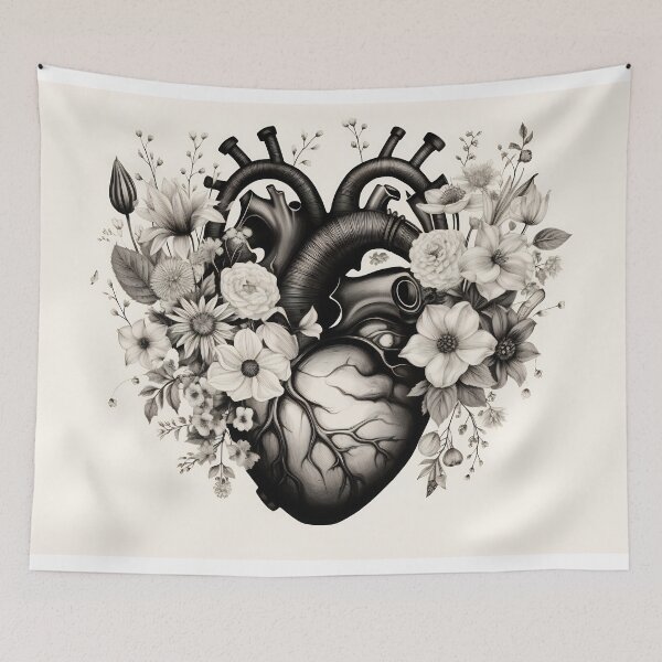 Item preview, Anatomical Floral Heart Artwork. Valentines day card. Anatomical heart with flowers. Black and white ink illustration designed and sold by anytka.