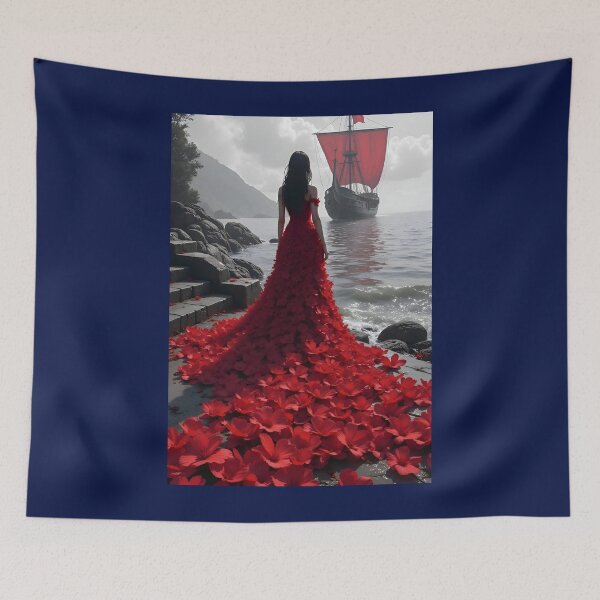 Item preview, Viking Elegance: Petal Gown on Stone Steps with Crimson Sails designed and sold by aiEuroGirls.