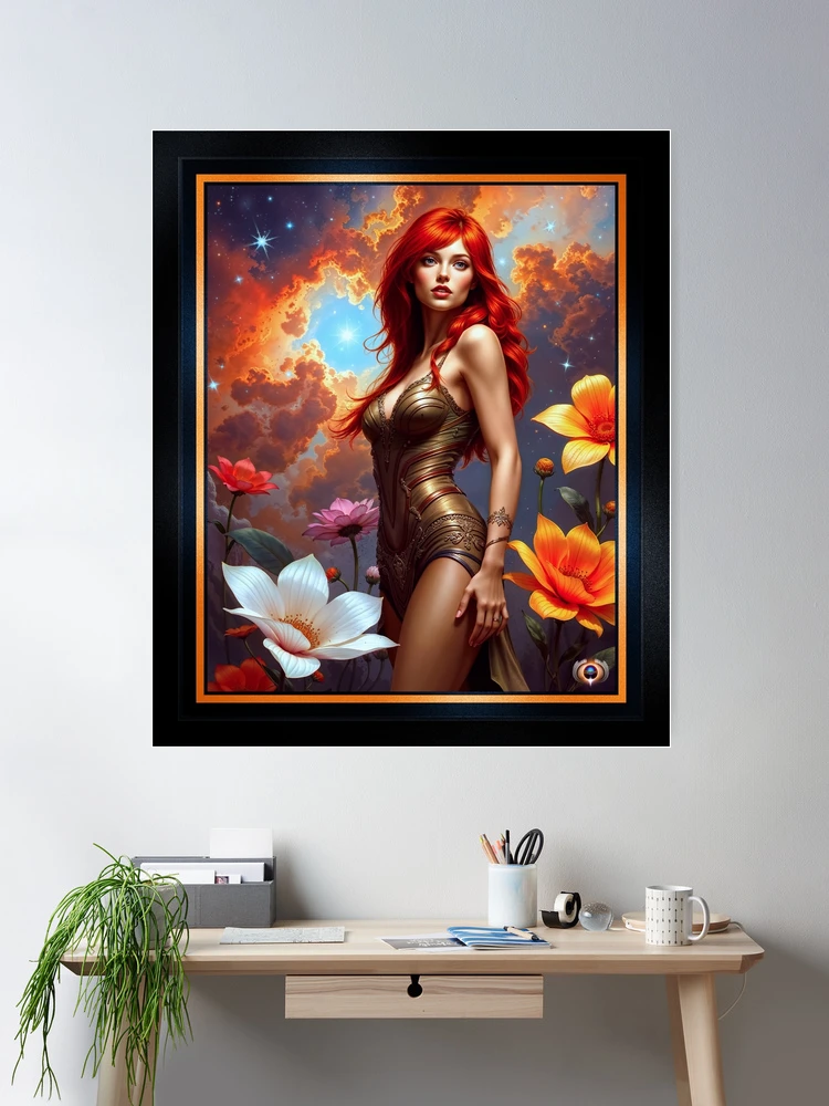 The Redhead Astralis Lysandra, Guardian of the Cosmic Garden Enchanting AI Concept Art by Xzendor7 Wall Decor Poster Art Print