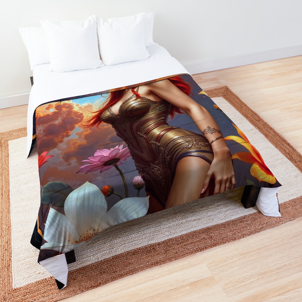 The Redhead Astralis Lysandra, Guardian of the Cosmic Garden Enchanting AI Concept Art by Xzendor7 Decorative Art Print Comforter