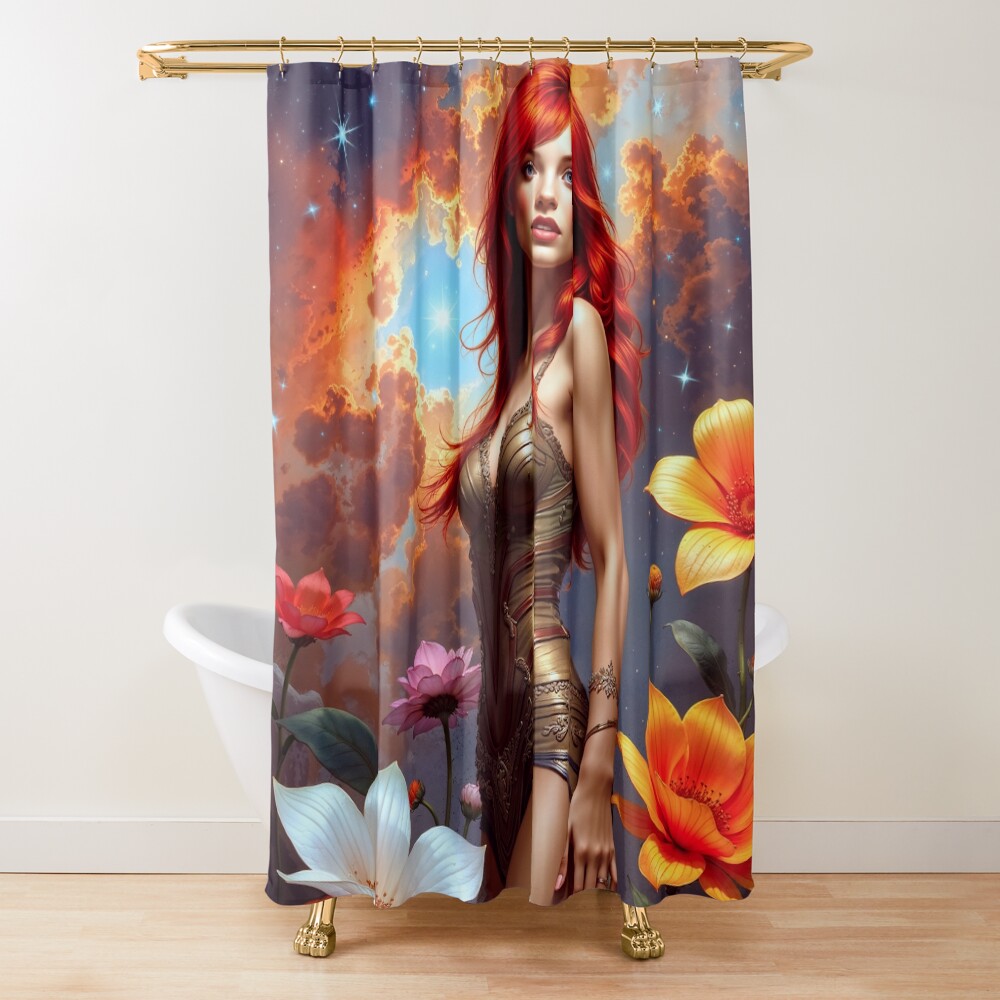 The Redhead Astralis Lysandra, Guardian of the Cosmic Garden Enchanting AI Concept Art by Xzendor7 Decorative Art Print Shower Curtain