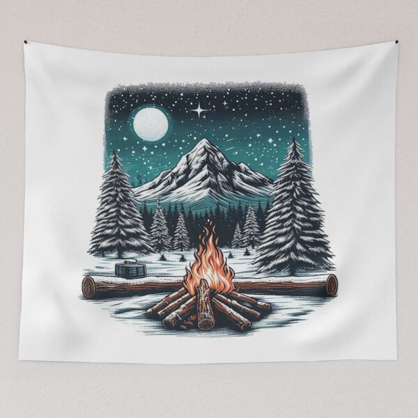 Item preview, Moonlit Snowy Mountainous Landscape and Campfire designed and sold by Tenpaces.