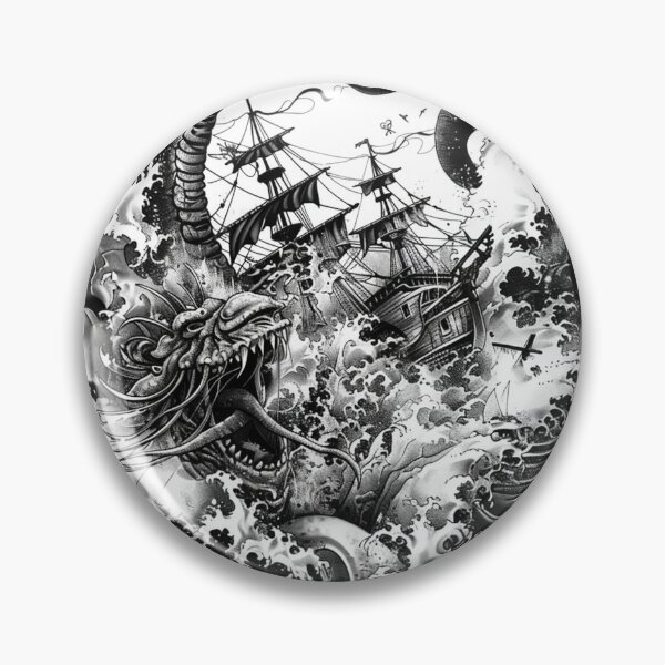 Item preview, Kraken Attacking Pirate Ship Black and White Tattoo 1 designed and sold by AstroRisq.