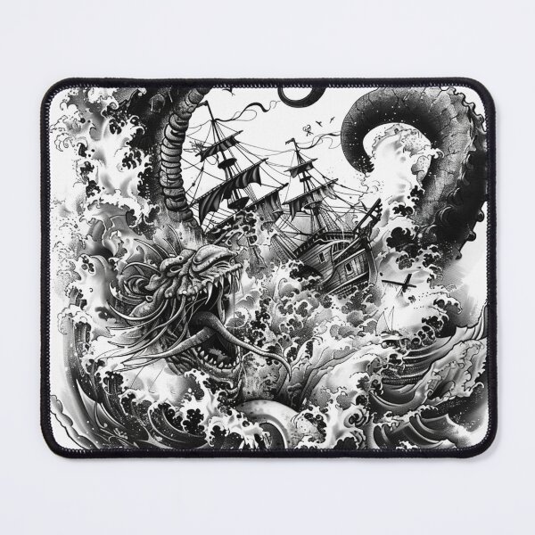 Item preview, Kraken Attacking Pirate Ship Black and White Tattoo 1 designed and sold by AstroRisq.